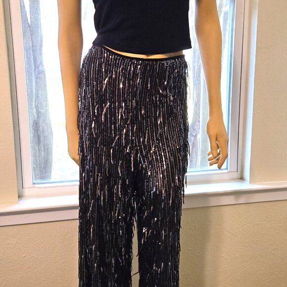 Anthropologie Black Sequined Sequin Fringe Party Trousers Pants 14 Maeve - Picture 3 of 4